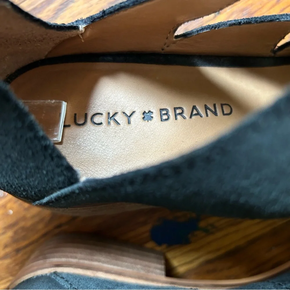 Lucky Brand Tazu black brushed suede gladiator lace up sandals size 8.5